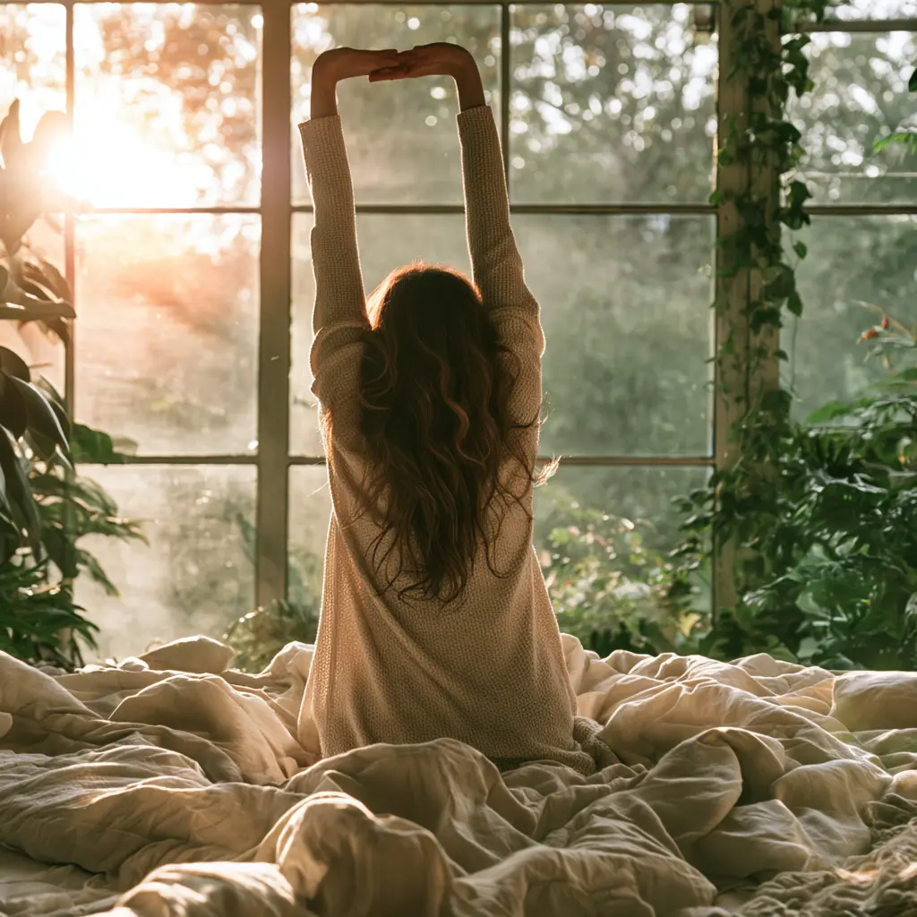 A woman stretching in bed in warm morning light